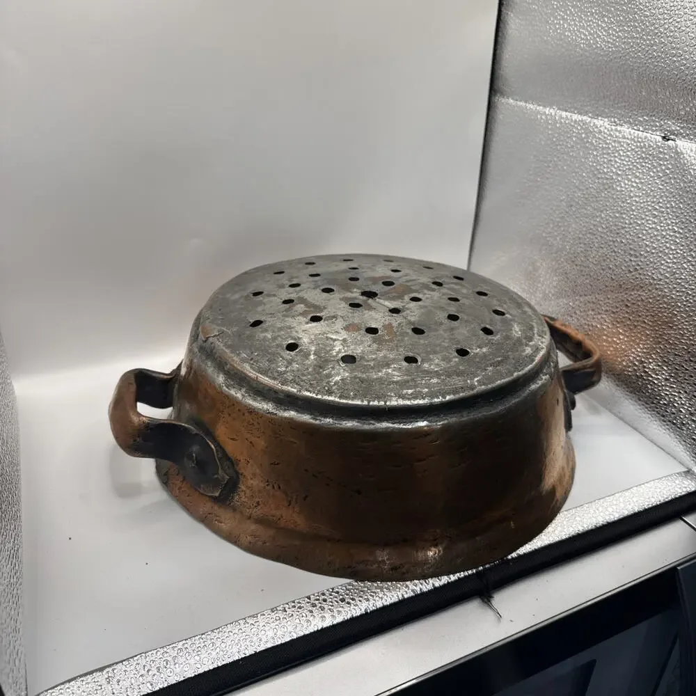 Antique Hand Hammered Copper Colander With Riveted Handles Heavy
